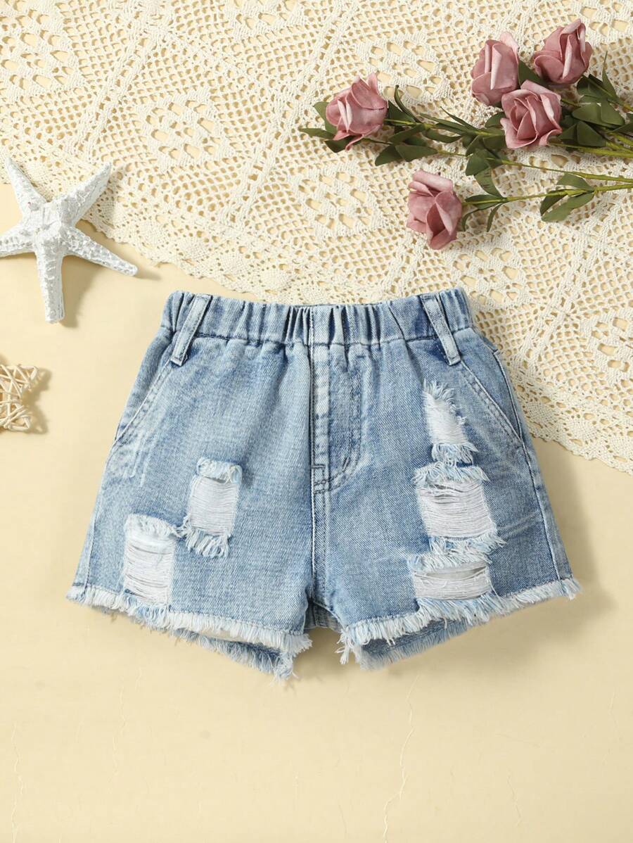 小女童破洞毛邊牛仔短褲 - 淺色水洗藍 - 查看 1