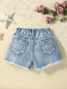 小女童破洞毛邊牛仔短褲 - 淺色水洗藍 - 查看 2