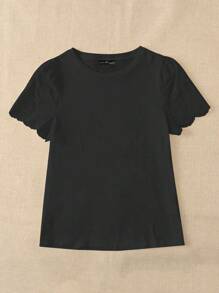 SHEIN LUNE Plus Solid Scallop Trim Tee - Black - View 3
