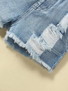 小女童破洞毛邊牛仔短褲 - 淺色水洗藍 - 查看 3