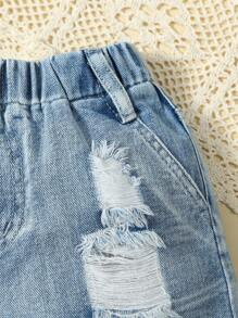 小女童破洞毛邊牛仔短褲 - 淺色水洗藍 - 查看 4