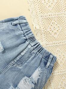 小女童破洞毛邊牛仔短褲 - 淺色水洗藍 - 查看 5