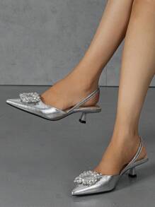 女士水钻装饰纯色尖头后系带猫跟露跟高跟鞋，时尚舒适，优雅适合派对、宴会、晚宴等场合，秋冬季节穿着舒适，银色高跟鞋搭配商务正装，尽显优雅气质。 - 銀色 - 查看 3