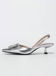 女士水钻装饰纯色尖头后系带猫跟露跟高跟鞋，时尚舒适，优雅适合派对、宴会、晚宴等场合，秋冬季节穿着舒适，银色高跟鞋搭配商务正装，尽显优雅气质。 - 銀色 - 查看 4