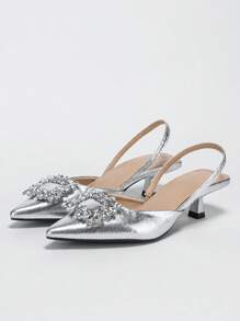 女士水钻装饰纯色尖头后系带猫跟露跟高跟鞋，时尚舒适，优雅适合派对、宴会、晚宴等场合，秋冬季节穿着舒适，银色高跟鞋搭配商务正装，尽显优雅气质。 - 銀色 - 查看 6