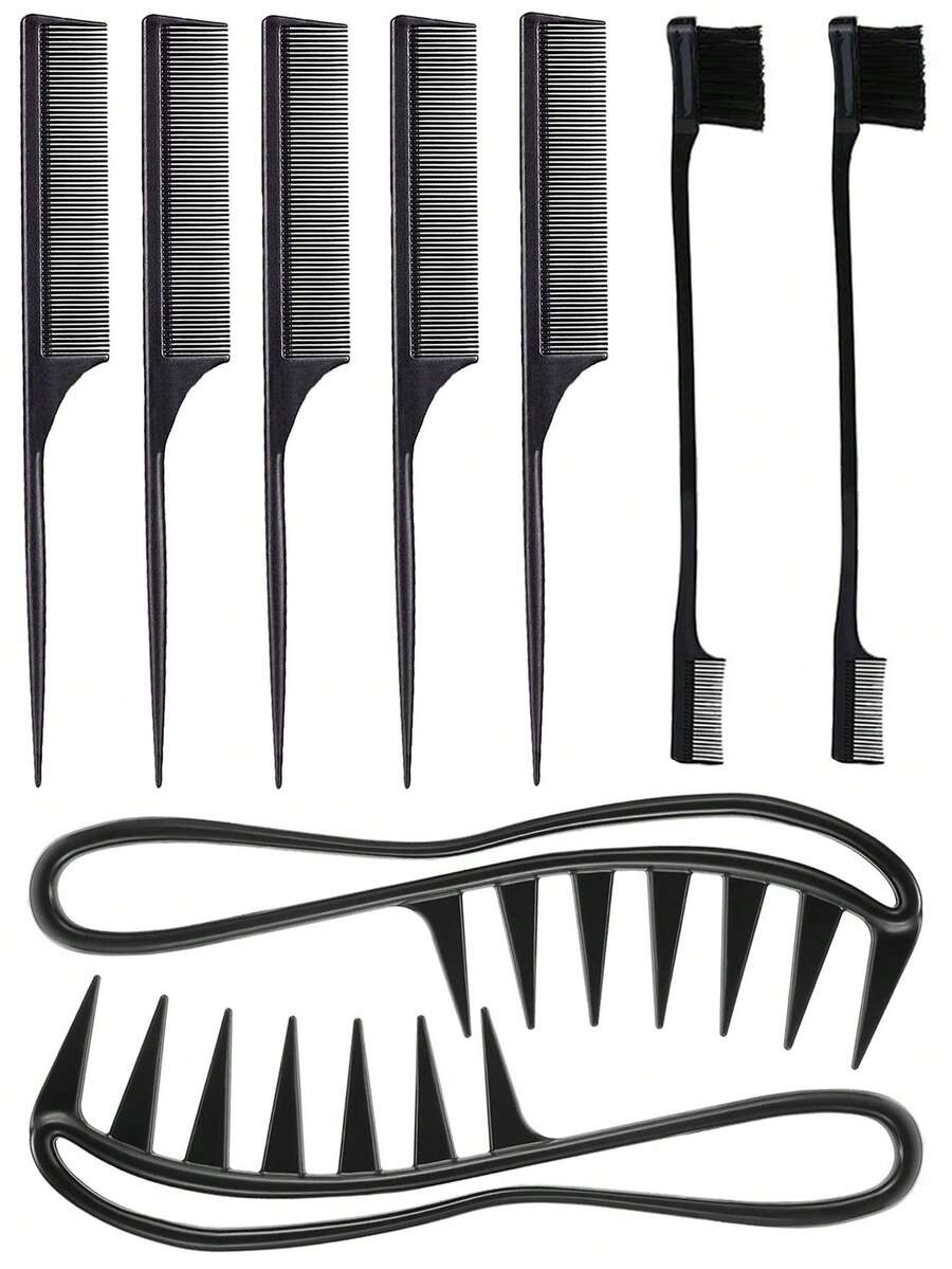5pcs Rat Tail Comb & 2pcs Edge Brush & 2pcs Wide Tooth Wig Comb - Black - View 1