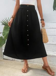 SHEIN VCAY Solid Button Detail Flare Skirt - Black - View 1
