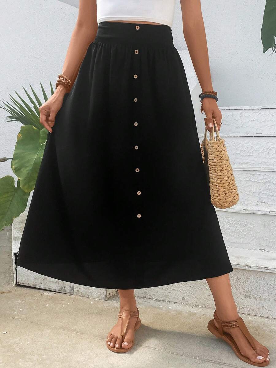 SHEIN VCAY Solid Button Detail Flare Skirt - Black - View 1