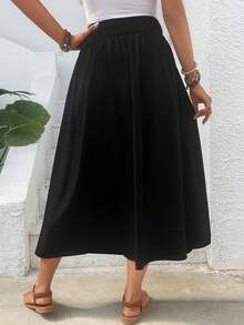 SHEIN VCAY Solid Button Detail Flare Skirt - Black - View 2