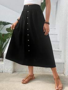 SHEIN VCAY Solid Button Detail Flare Skirt - Black - View 3