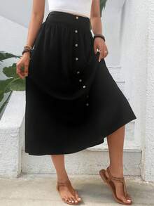 SHEIN VCAY Solid Button Detail Flare Skirt - Black - View 4