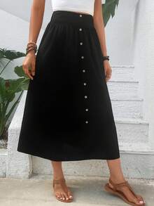 SHEIN VCAY Solid Button Detail Flare Skirt - Black - View 5