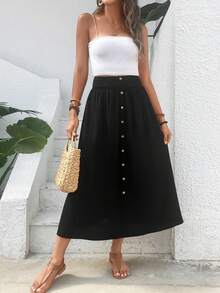 SHEIN VCAY Solid Button Detail Flare Skirt - Black - View 6