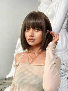 Tóc giả tổng hợp ngắn thẳng có tóc mái - màu nâu - Xem 1