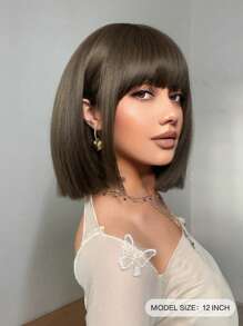 Tóc giả tổng hợp ngắn thẳng có tóc mái - màu nâu - Xem 5