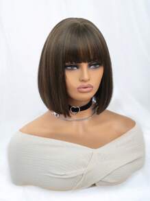 Tóc giả tổng hợp ngắn thẳng có tóc mái - màu nâu - Xem 6