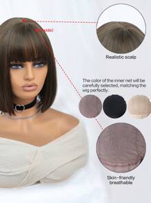 Tóc giả tổng hợp ngắn thẳng có tóc mái - màu nâu - Xem 7