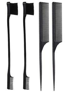 2pcs Rat Tail Comb & 2pcs Edge Brush - Black - View 1