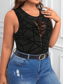 SHEIN Privé Plus Geo Pattern Mesh Tank Bodysuit - Black - View 4