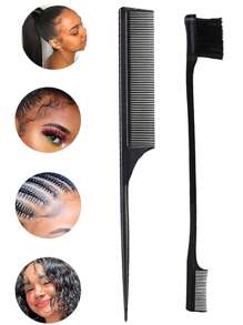 2pcs Rat Tail Comb & 2pcs Edge Brush - Black - View 2