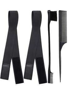 2pcs Elastic Bands For Wig, 1pc Rat Tail Comb & 1pc Edge Brush - Black - View 1