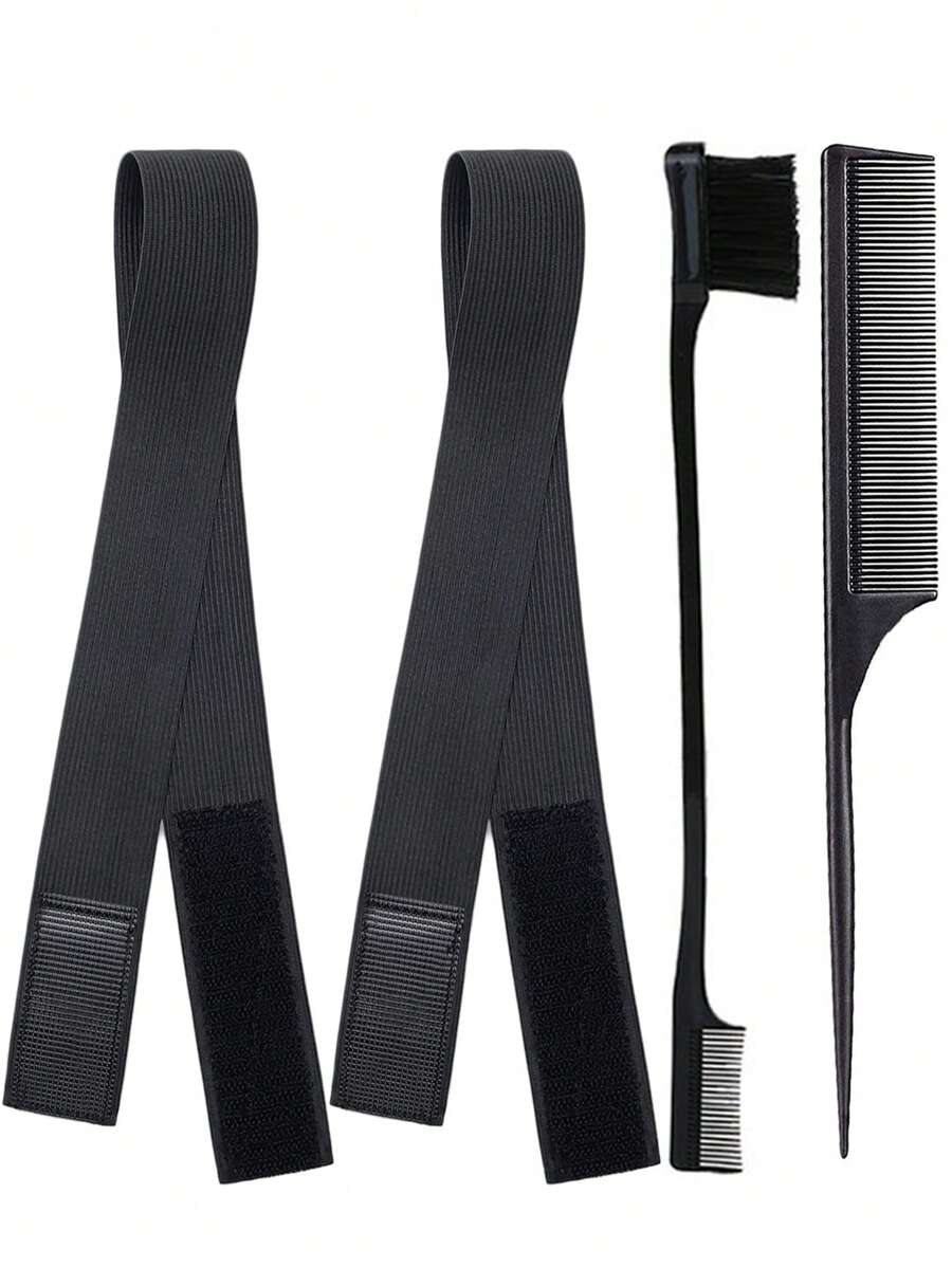 2pcs Elastic Bands For Wig, 1pc Rat Tail Comb & 1pc Edge Brush - Black - View 1