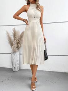 SHEIN Clasi Vestido unicolor bajo fruncido de cuello halter - Albaricoque - Ver 4