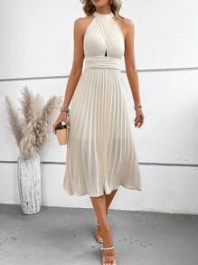 SHEIN Clasi Vestido unicolor bajo fruncido de cuello halter - Albaricoque - Ver 5