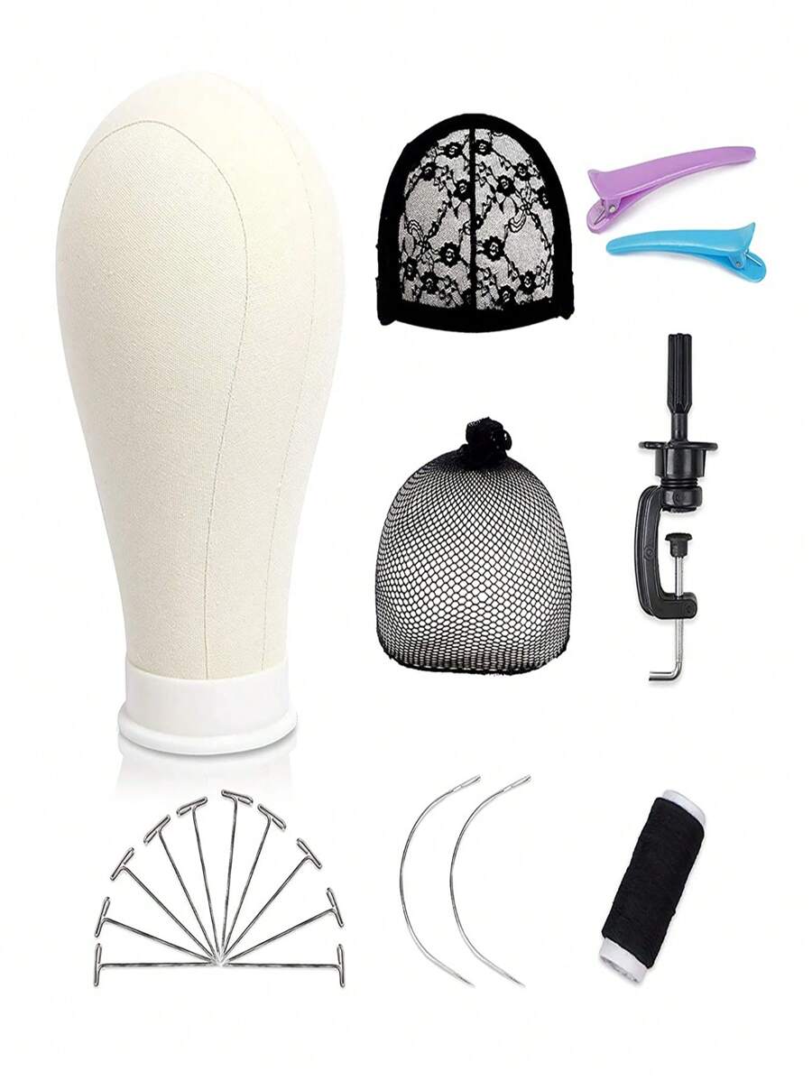 22 Inch Canvas Block Head Mannequin Wig Head With Stand For Styling Manikin Head Set - Beige - View 1