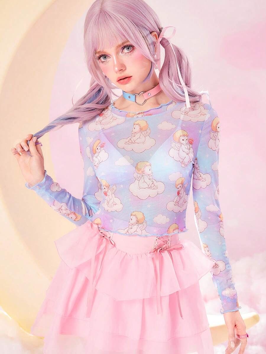 ROMWE Kawaii 卡通圖案網紗上衣 - 彩色 - 查看 1