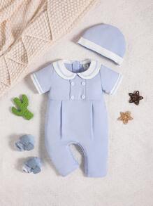 SHEIN 嬰兒條紋飾邊褶皺連身褲和帽套裝