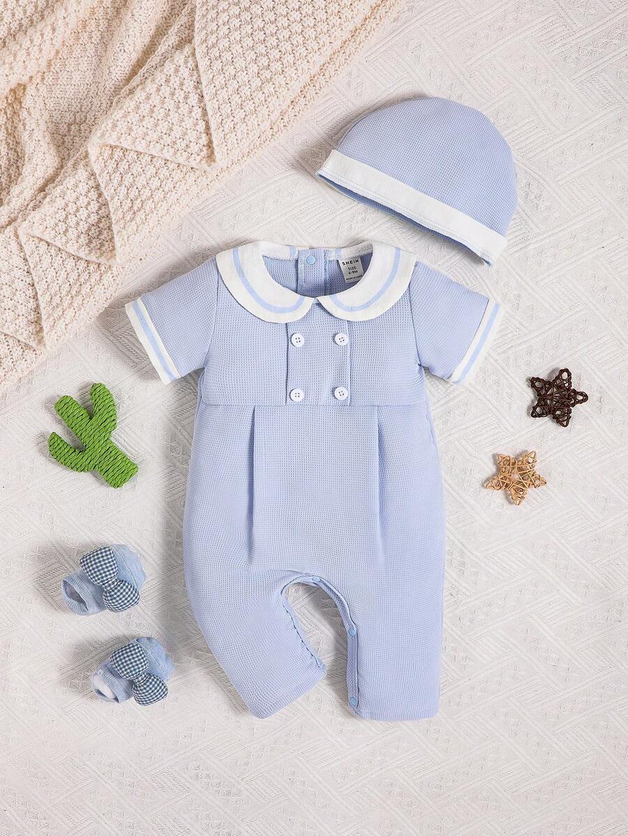 SHEIN 嬰兒條紋飾邊褶皺連身褲和帽套裝