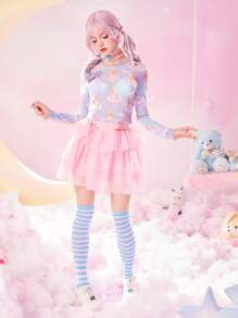 ROMWE Kawaii 卡通圖案網紗上衣 - 彩色 - 查看 3