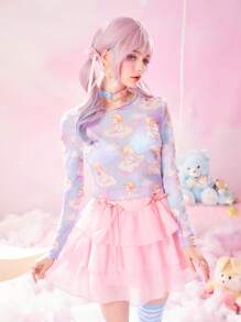 ROMWE Kawaii 卡通圖案網紗上衣 - 彩色 - 查看 5