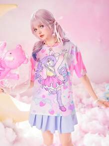 ROMWE Anime Áo thun nữ - Hồng - Xem 6