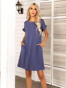 DEARCASE Đầm viền lá sen màu trơn Giải trí - Màu xám đen - Xem 1