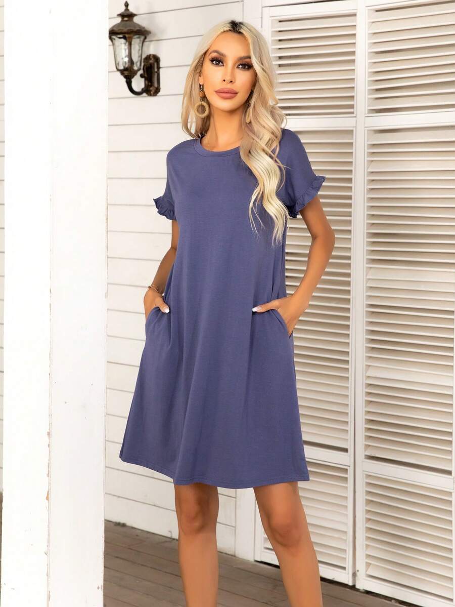 DEARCASE Đầm viền lá sen màu trơn Giải trí - Màu xám đen - Xem 1