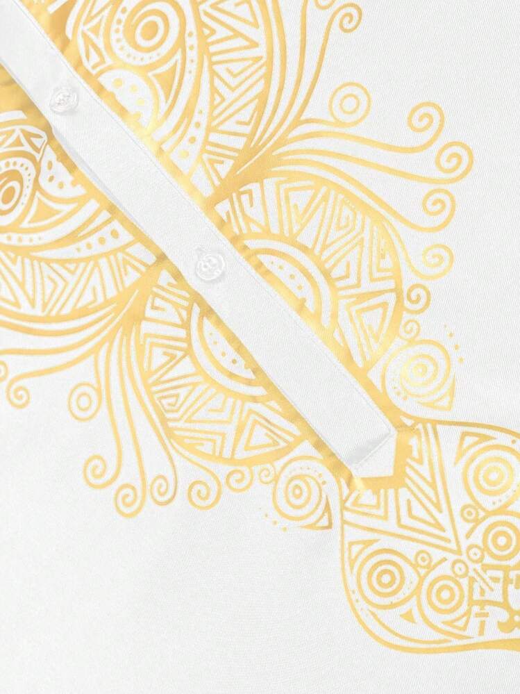 Men's Long Sleeve Traditional African Dashiki Shirt With Gold Printing And Button-Down Collar - White - View 4