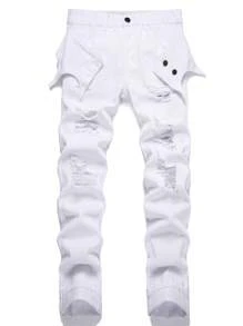 男士棉破洞抽鬚二合一牛仔褲 - 白色 - 查看 1
