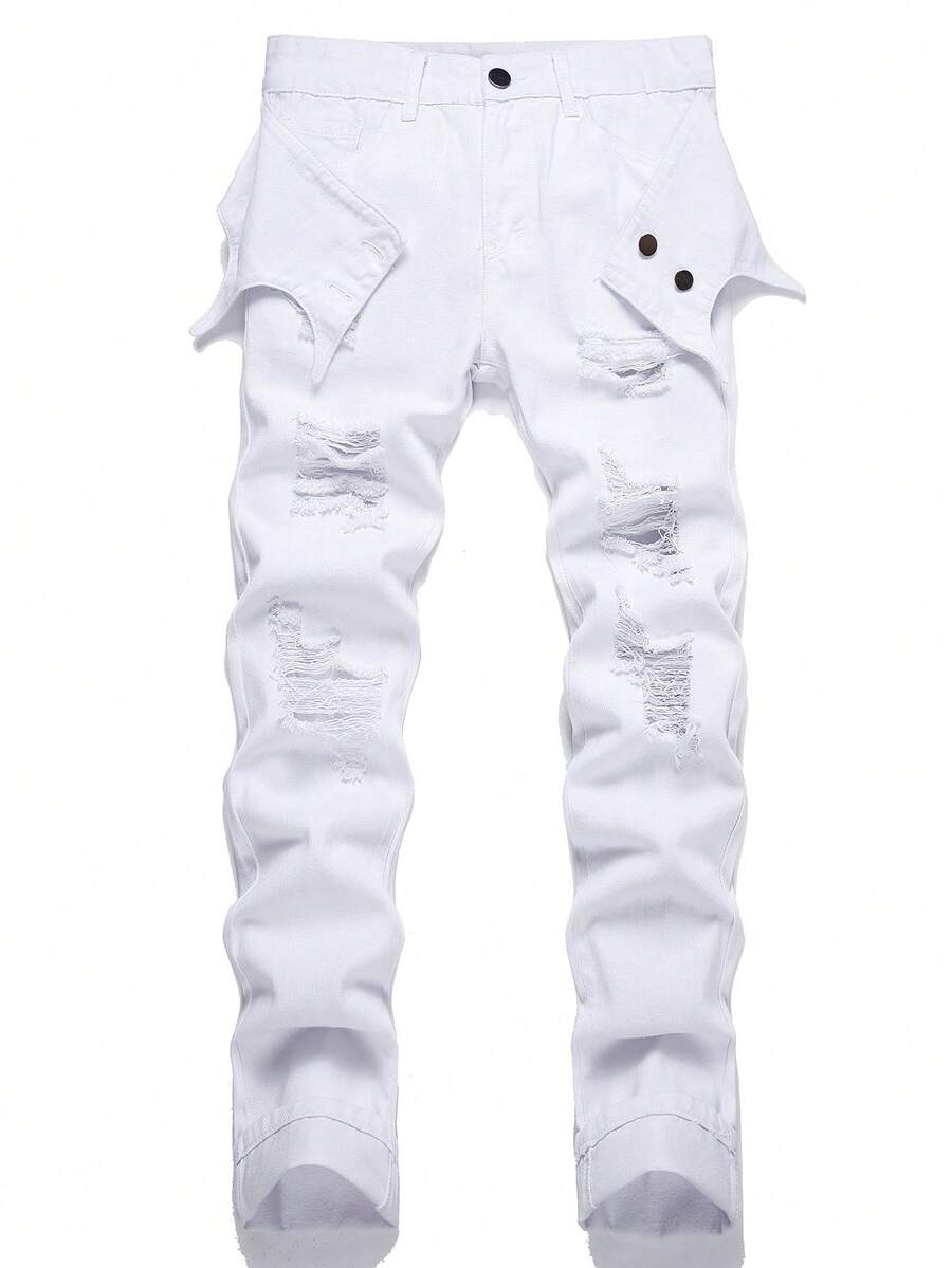 男士棉破洞抽鬚二合一牛仔褲 - 白色 - 查看 1