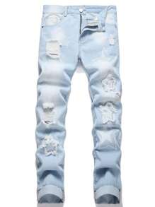 Men Star Print Ripped Frayed Bleach Wash Jeans - Light Wash - View 1