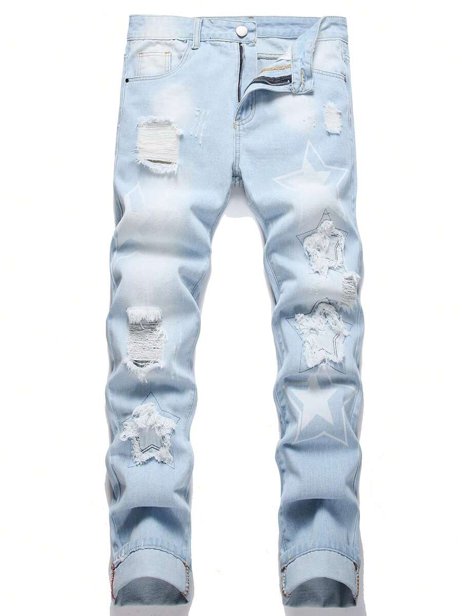 Men Star Print Ripped Frayed Bleach Wash Jeans - Light Wash - View 1