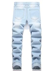Men Star Print Ripped Frayed Bleach Wash Jeans - Light Wash - View 2