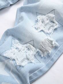 Men Star Print Ripped Frayed Bleach Wash Jeans - Light Wash - View 3