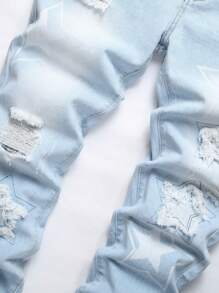 Men Star Print Ripped Frayed Bleach Wash Jeans - Light Wash - View 5