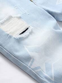 Men Star Print Ripped Frayed Bleach Wash Jeans - Light Wash - View 6