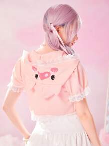 ROMWE Kawaii Áo tay phồng ren tương phản đồ họa hoạt hình - Hồng - Xem 1