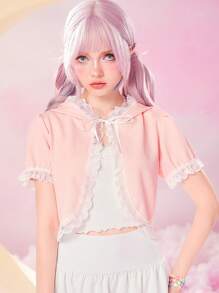 ROMWE Kawaii Áo tay phồng ren tương phản đồ họa hoạt hình - Hồng - Xem 2