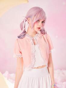 ROMWE Kawaii Áo tay phồng ren tương phản đồ họa hoạt hình - Hồng - Xem 4