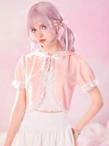 ROMWE Kawaii Áo tay phồng ren tương phản đồ họa hoạt hình - Hồng - Xem 5